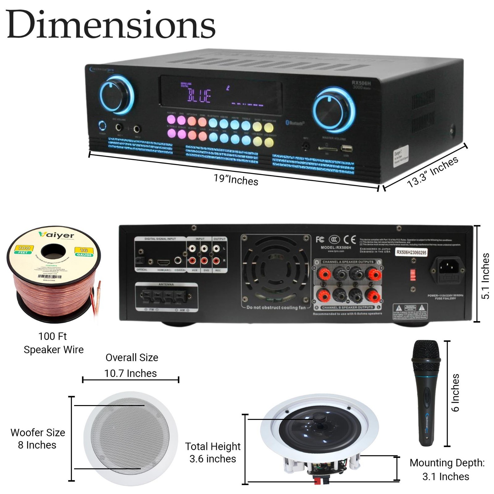 Home Theater System 2000W Bluetooth Amplifier 4x 8in Ceiling Speakers Mic Remote