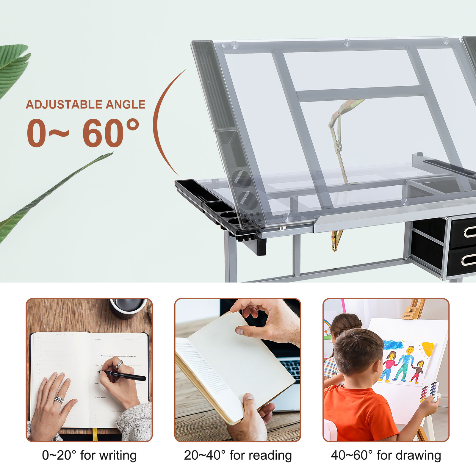 Rolling Drawing Drafting Table Tempered Glass Desktop Saving Space for Work