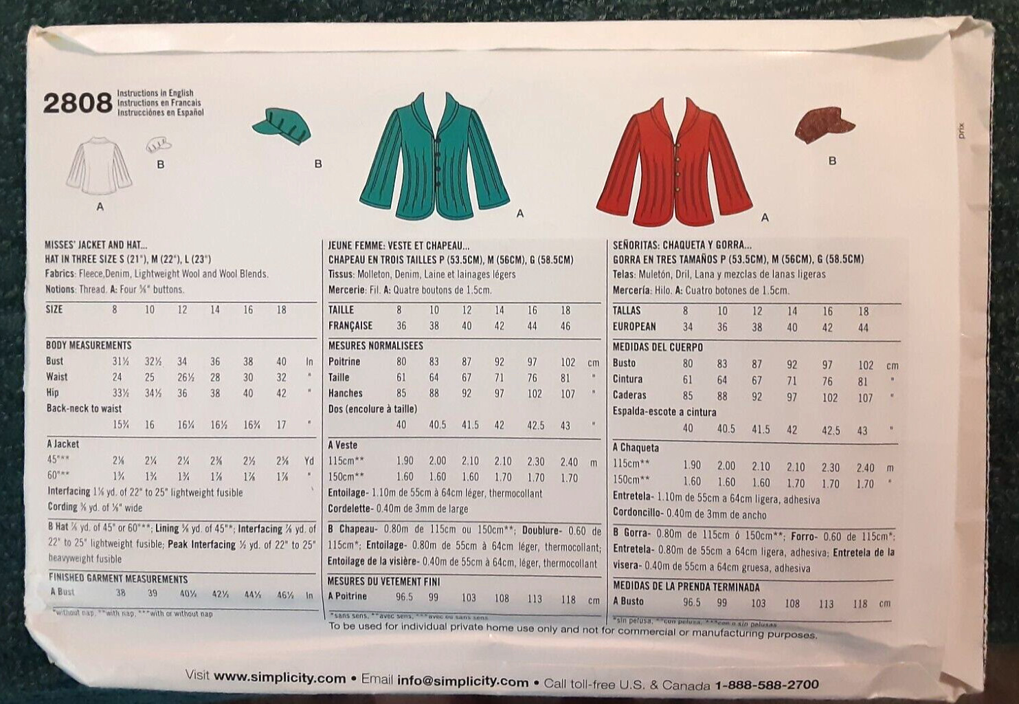 Simplicity Pattern 2808 Misses' Jacket & Hat in 3 Sizes Sewing Craft Project (H)