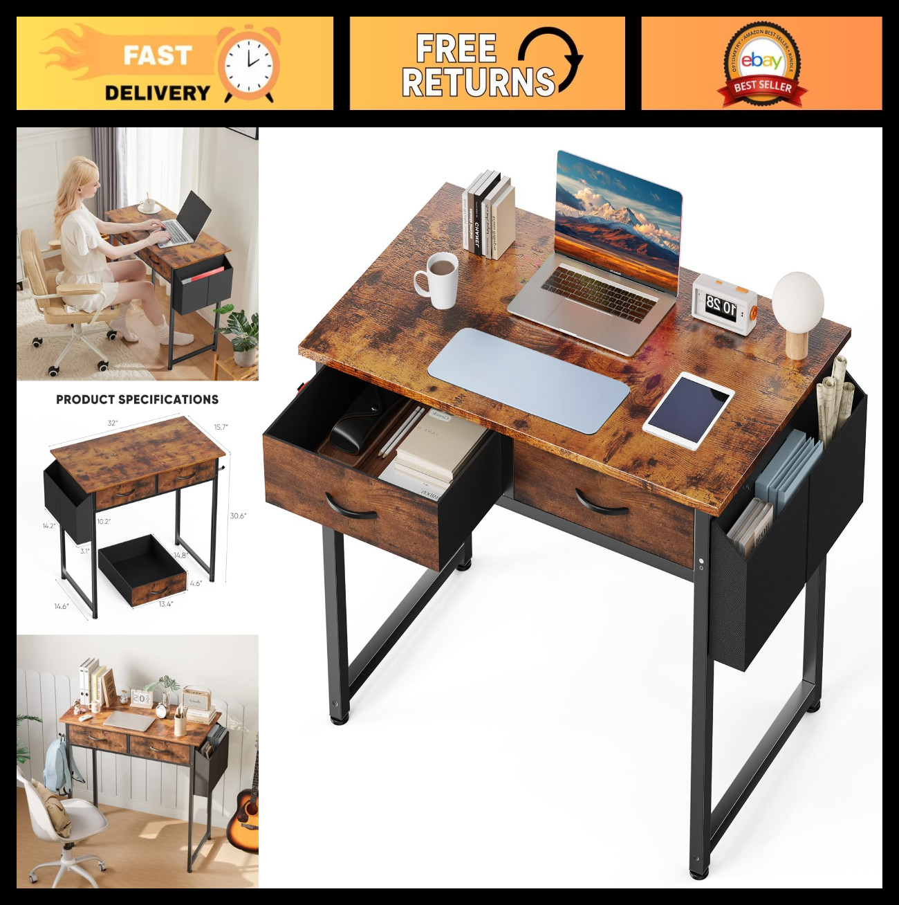 32" Home Office Computer Desk with Drawers, Small Gaming Writing Table, Storage