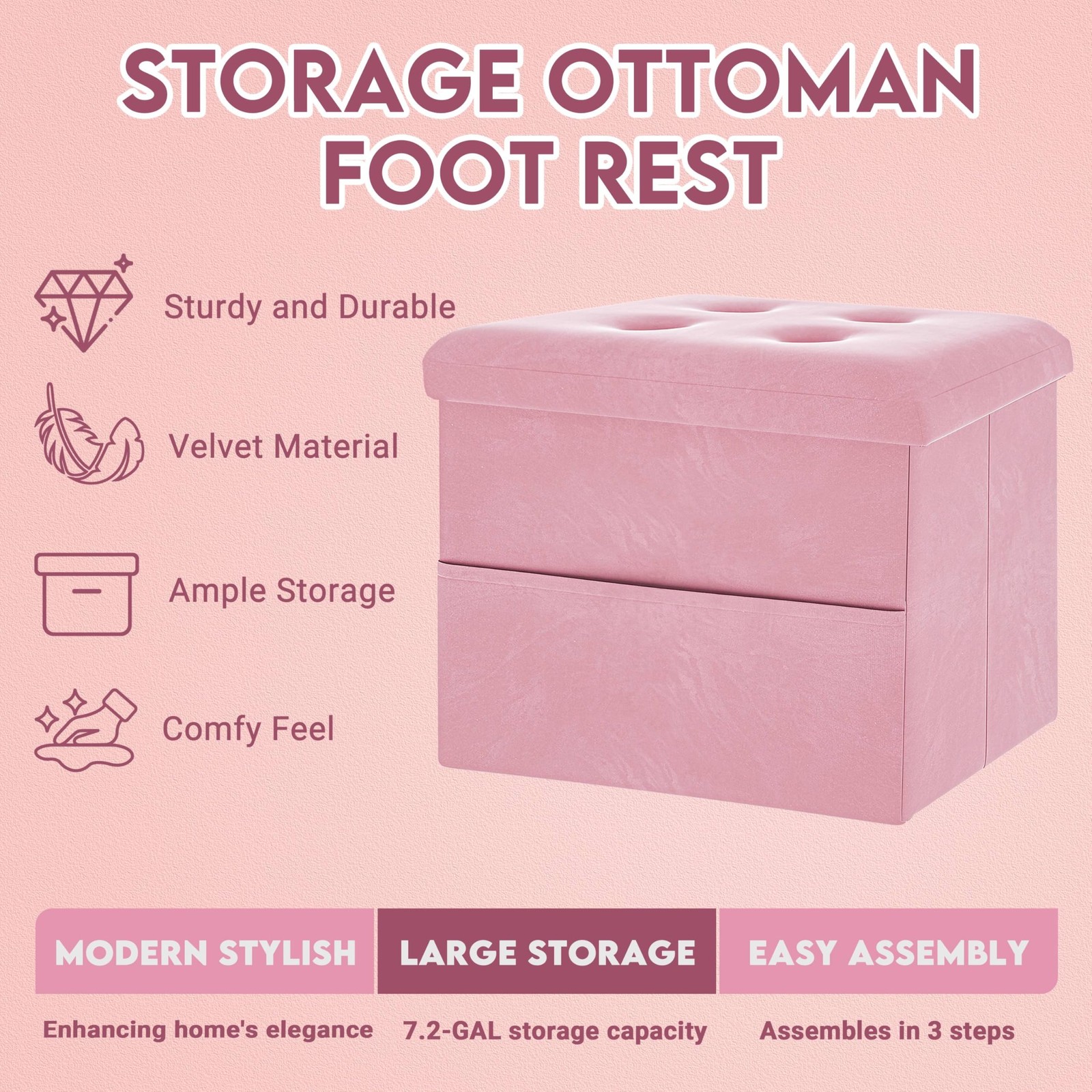Small Storage Ottoman Foot Rest, Velvet Ottoman with Storage and Side Pocket,...
