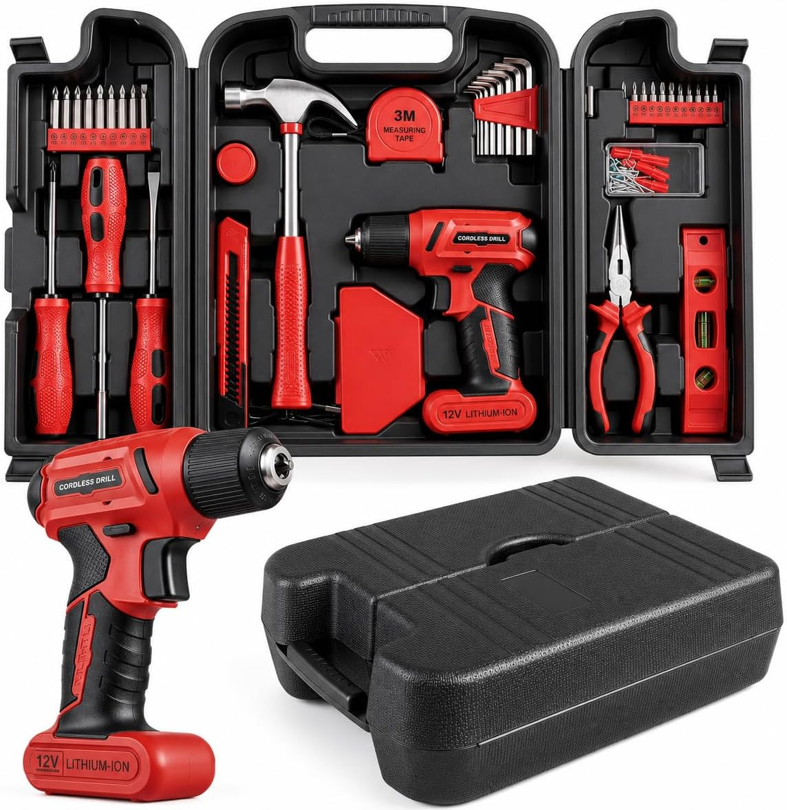 101-Piece Tool Set with 8V Cordless Drill and Case, Red | Drill Tool Set with US