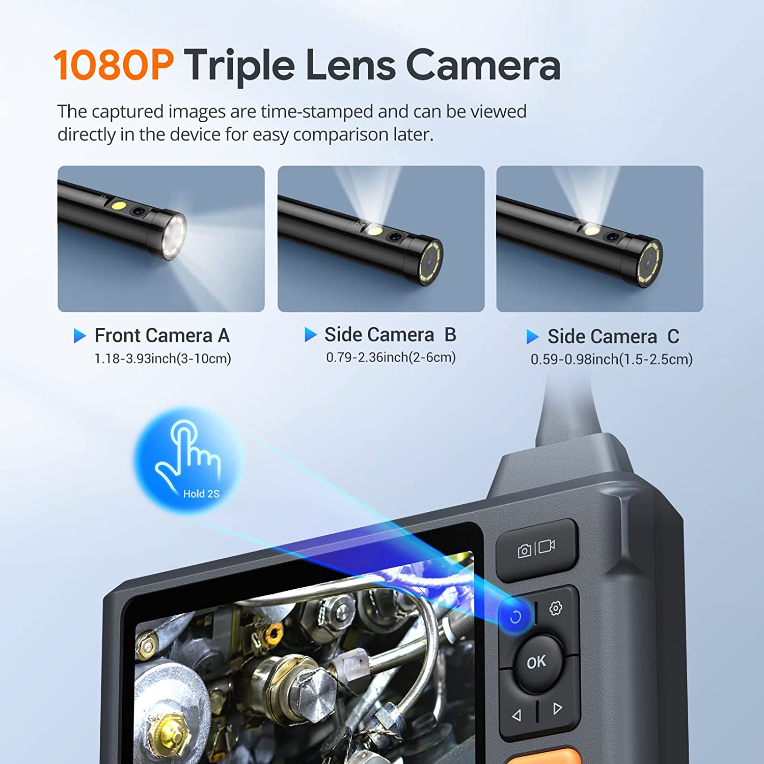 Triple Len Borescope Inspection Camera 5" IPS Screen Endoscope Camera with Light