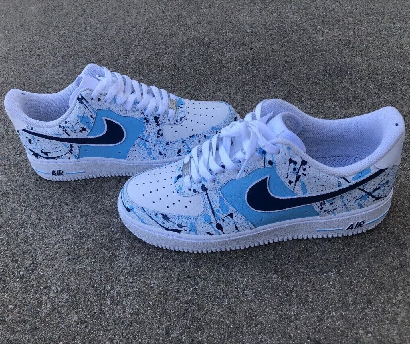 Air Force 1 Custom Shoes White Light & Dark Navy Blue Splatter Mens Size 12