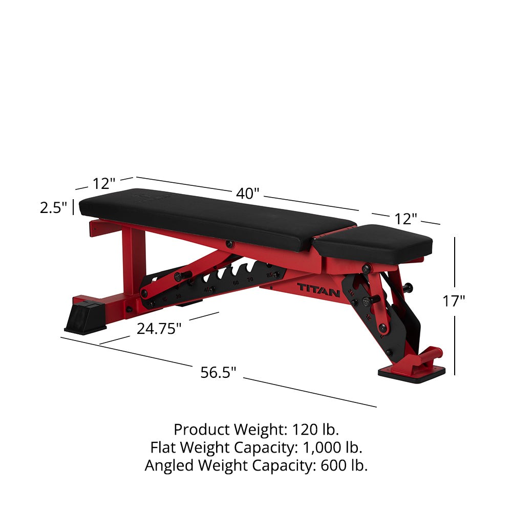 Titan Fitness TITAN Series Red Adjustable Bench, 600LB Incline/1000 LB Flat