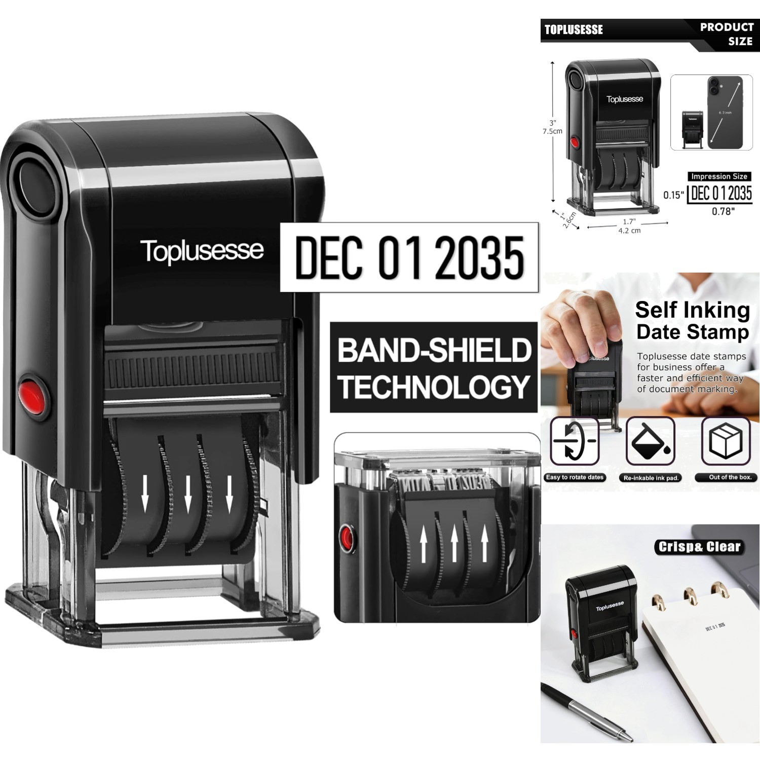 Self Inking Office Dater Stamp 12  Band Day  , Refillable Black Ink