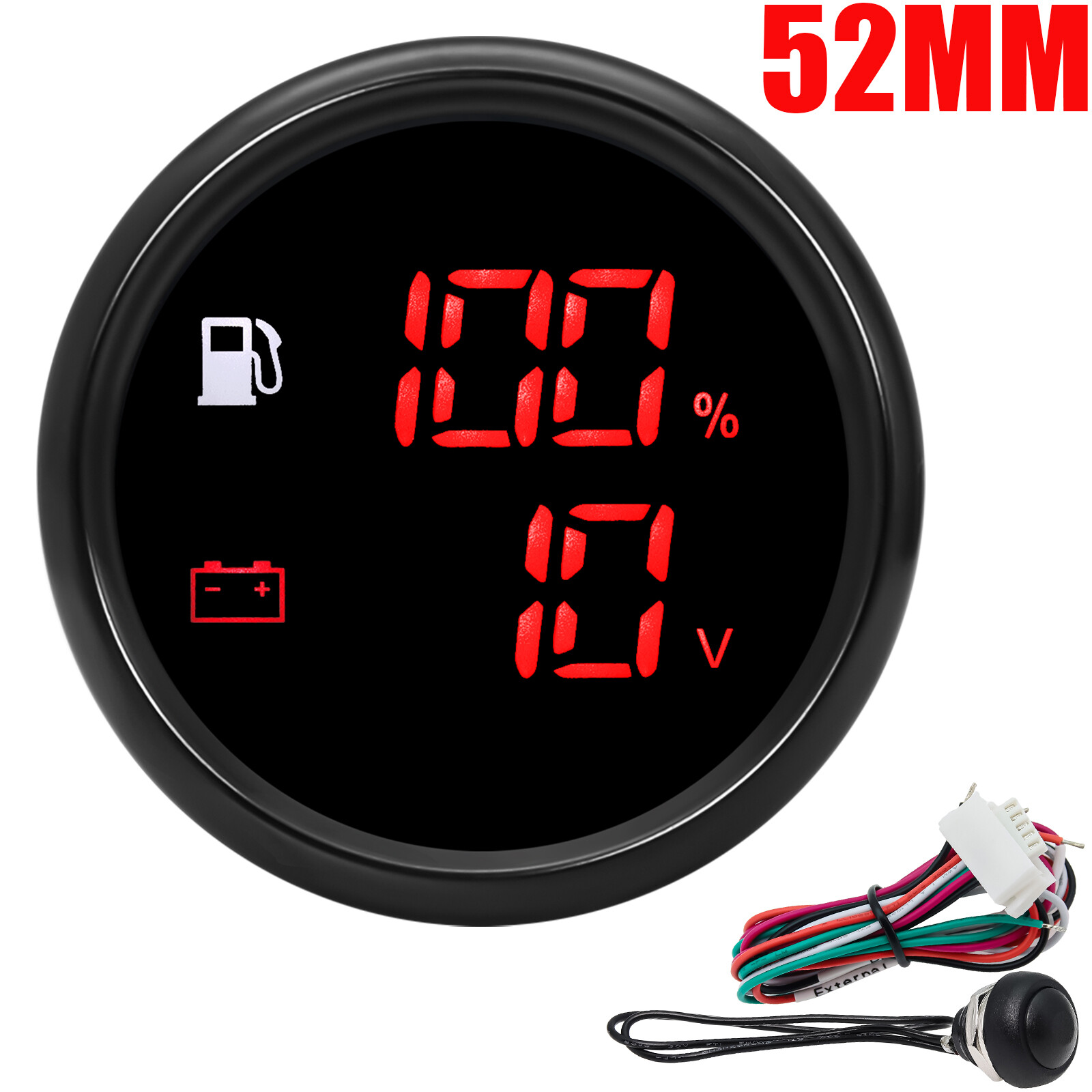 2" 52mm Universal Fuel Level Gauge 240-33ohm+Voltmeter Red LED For Boat Car ATV