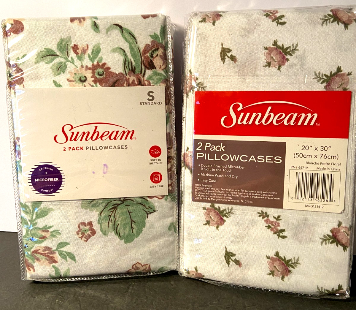 NEW 2 SUNBEAM DOUBLE BRUSHED MICROFIBER STANDARD FLORAL PILLOWCASES (4) 30"x20