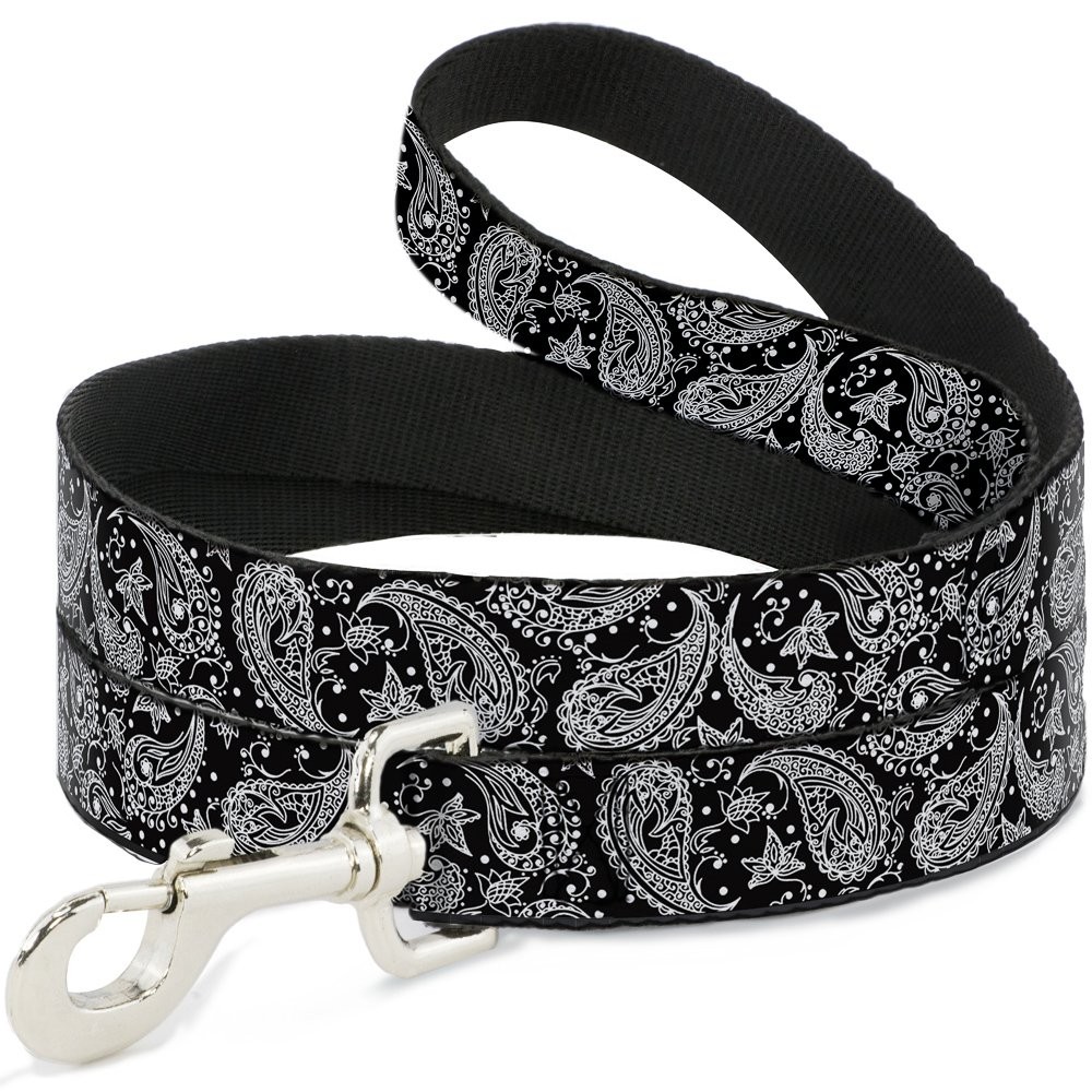 Dog Leash Floral Paisley Black White 4 Feet Long 1.5 Inch Wide