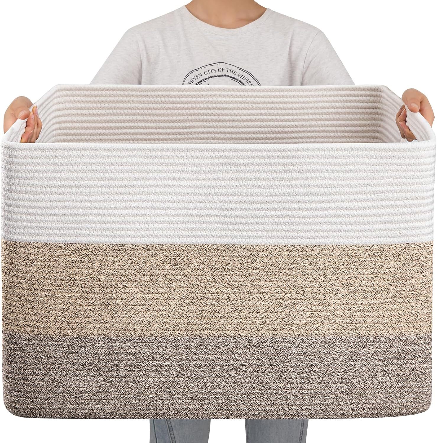 108L Extra Large Blanket Basket,Rectangular Woven Storage Basket Gradient Brown