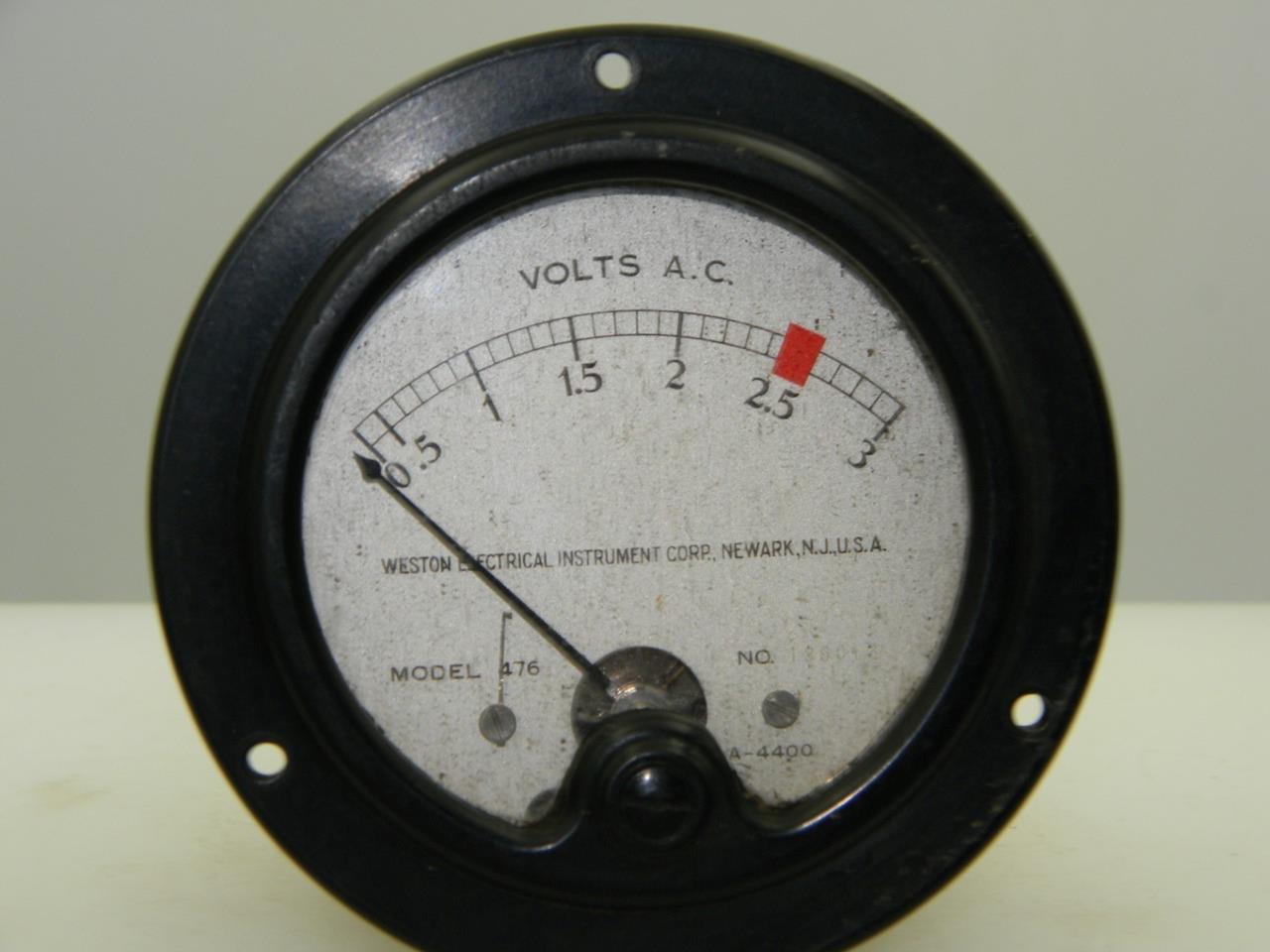 Weston Electrical Volts A.C. Model 476 Meter 3 3/8" Face 1 13/16" Deep BG30