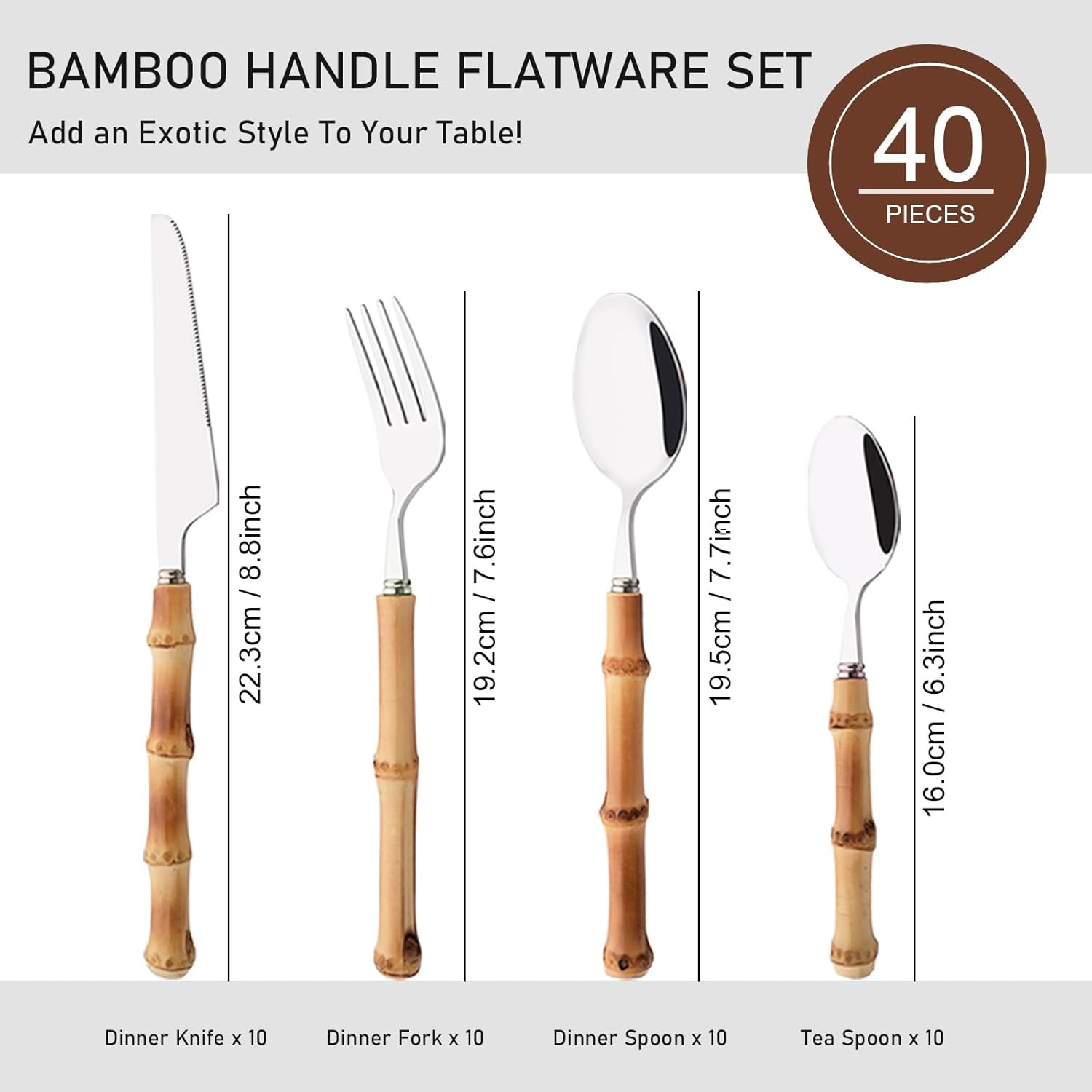 40PCS Silverware Set 10 Bamboo Handle Flatware Set Stainless Steel Cutlery Set