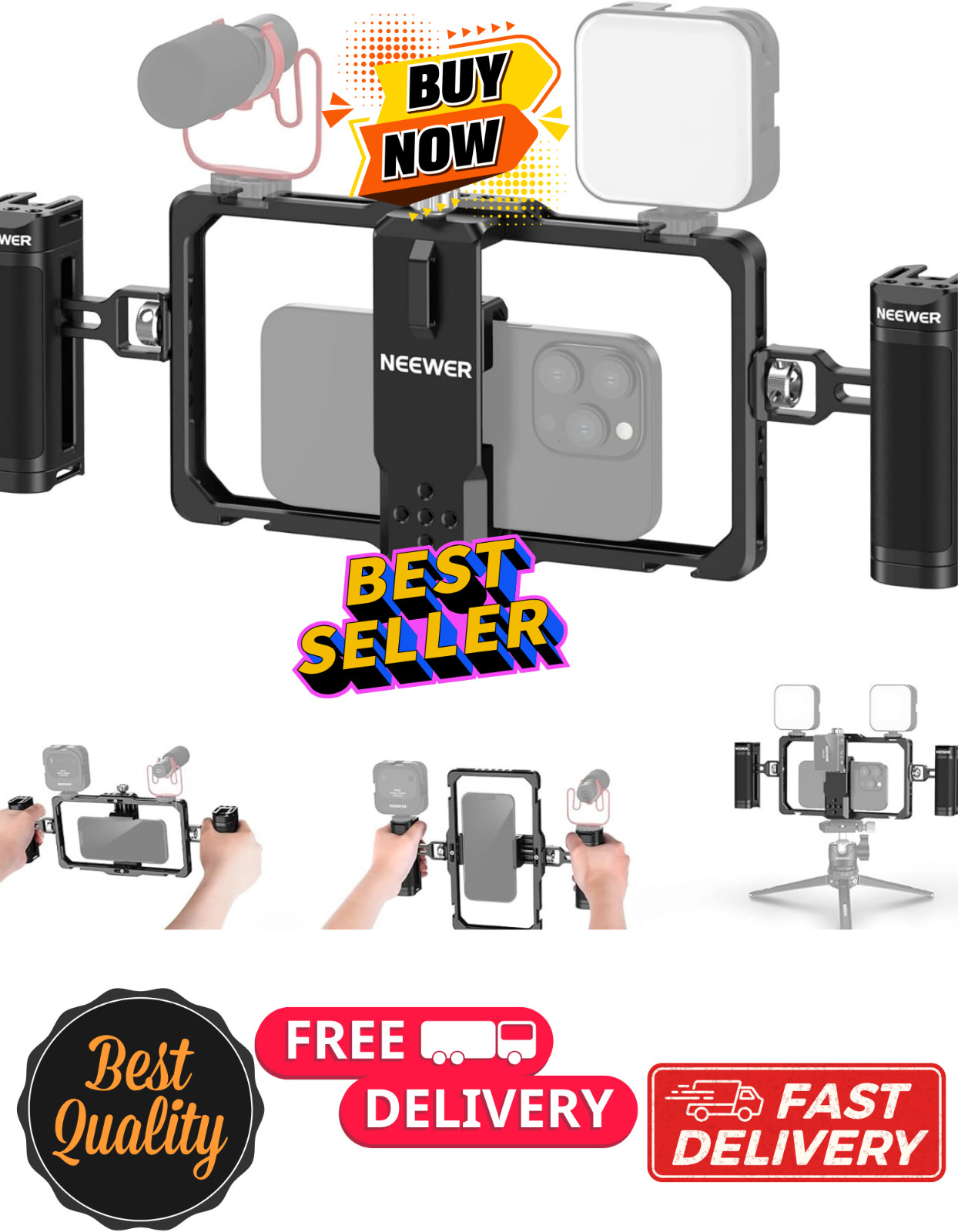 NEEWER Upgraded Phone Rig Vlogging Kit,Video Stabilizer with Dual Handle,Wireles