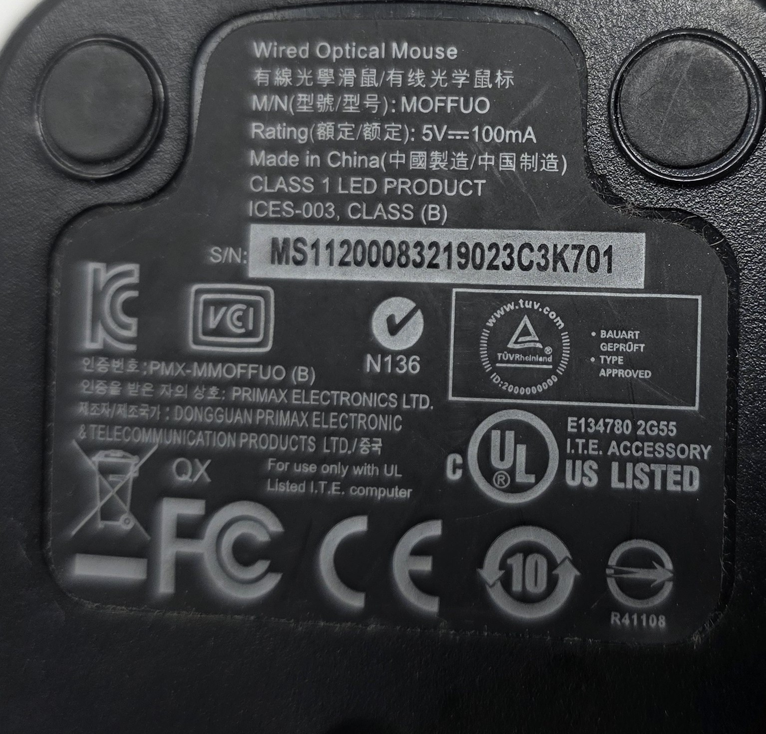 Primax PMX-MMOFFUO Wired Corded USB Optical Mouse Class 1 LED ICES-003