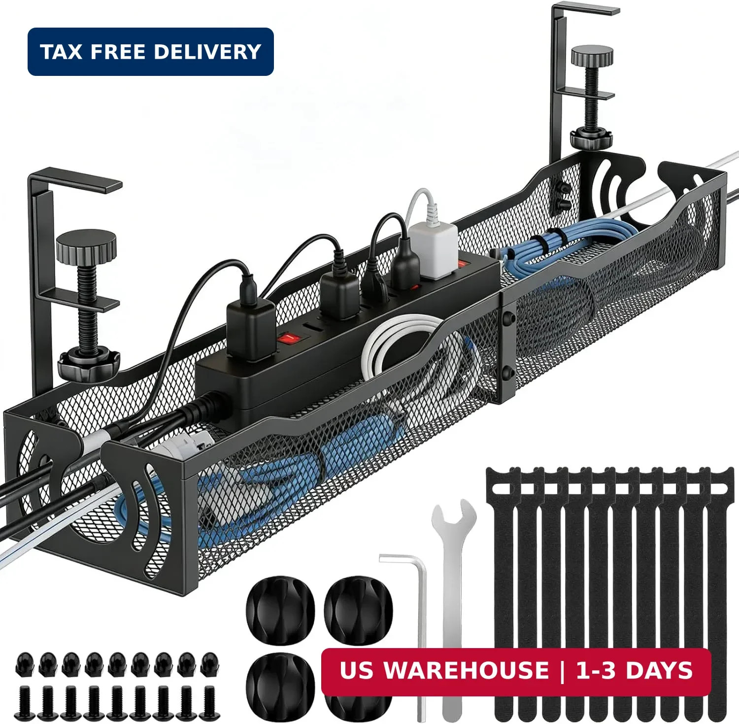Cable Management, 25.3'' Under Desk Cable Management Tray No Drill | Metal Cable