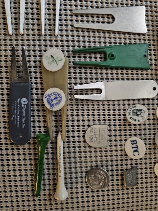 Lot Of 50+ Vintage Golf Ball Markers, Divot Tools, And Spike Tools.