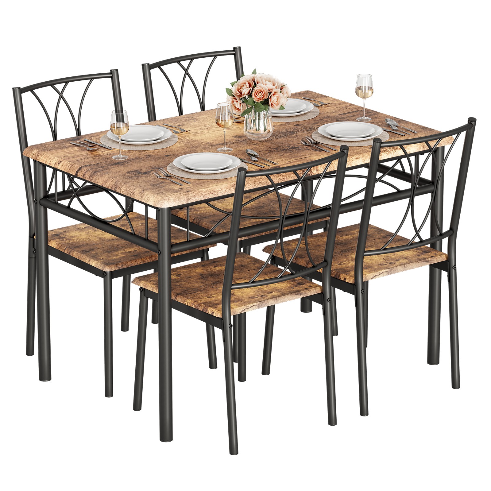 5 Piece Dining Table Set for 4 Rectangular Metal & Wood Table with 4 Chairs
