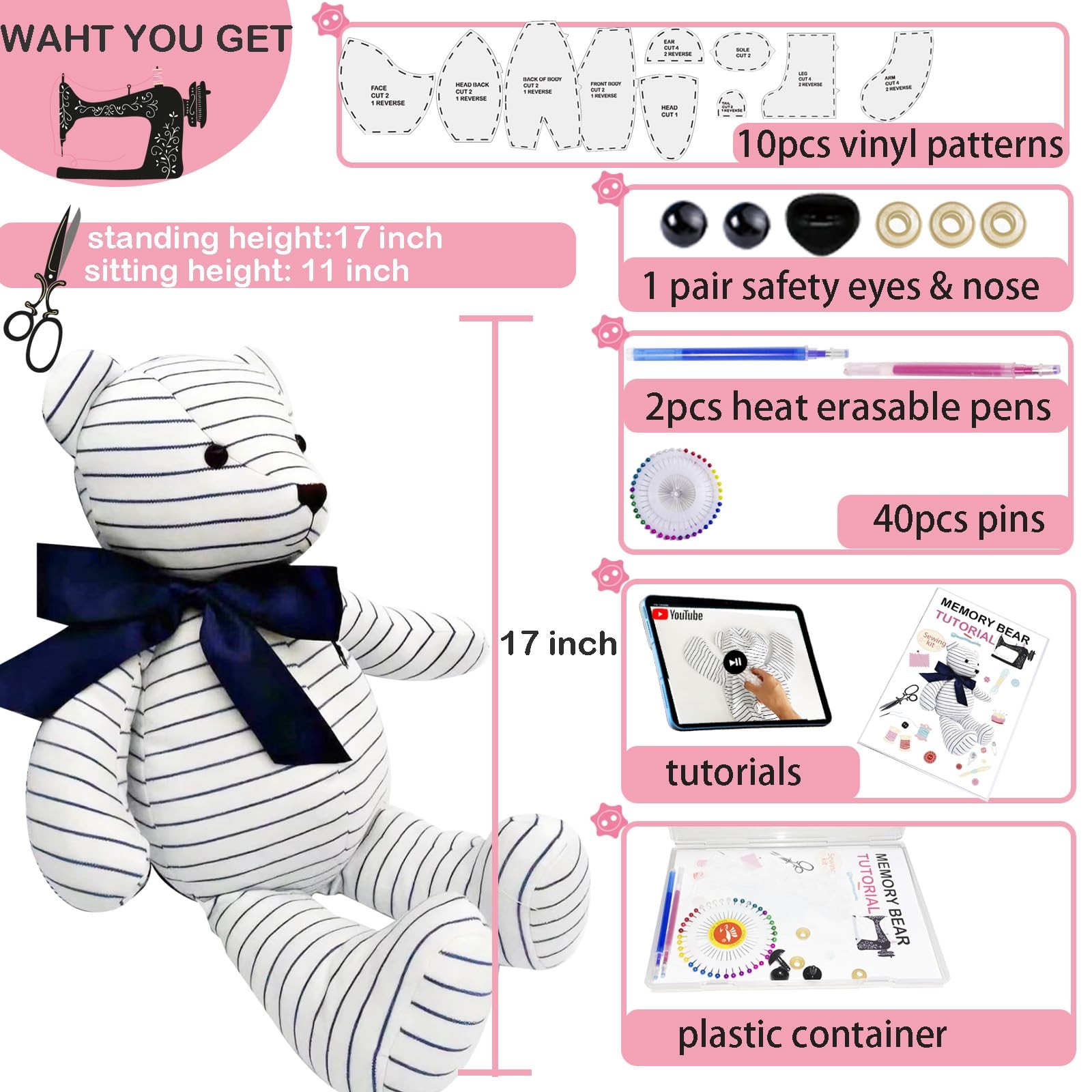 Topapfo Large 17 Inch Memory Bear Sewing Patterns for 17 Inch, white