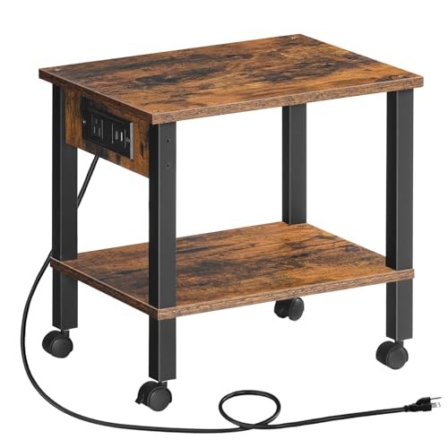 2-Tier Printer Stand with Charging 15"L x 11"W x 12.5"H Rustic Brown + Black