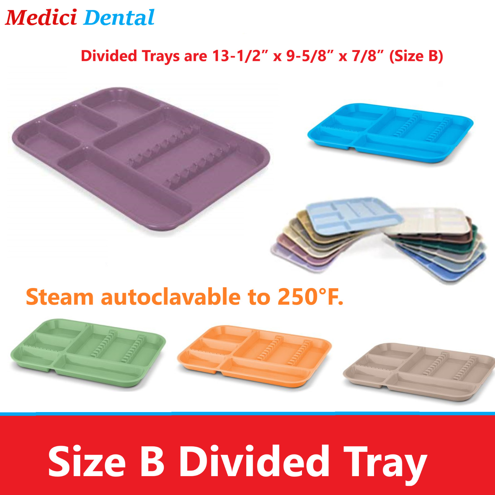 Dental SET UP B DIVIDED Ritter Tray, Autoclave Plastic Tray 250ºF,  Choose Color