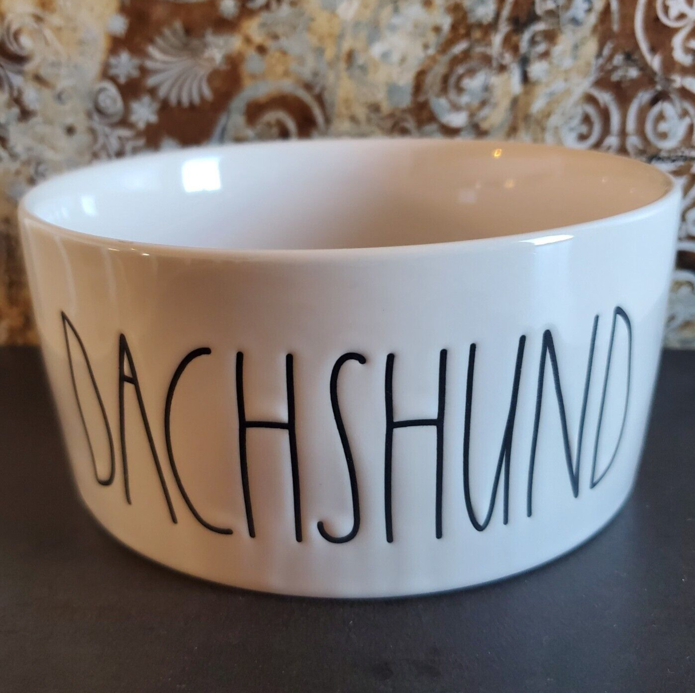 Rae Dunn Dog Dachshund Pet Dish Bowl Ceramic White Black Round 6"