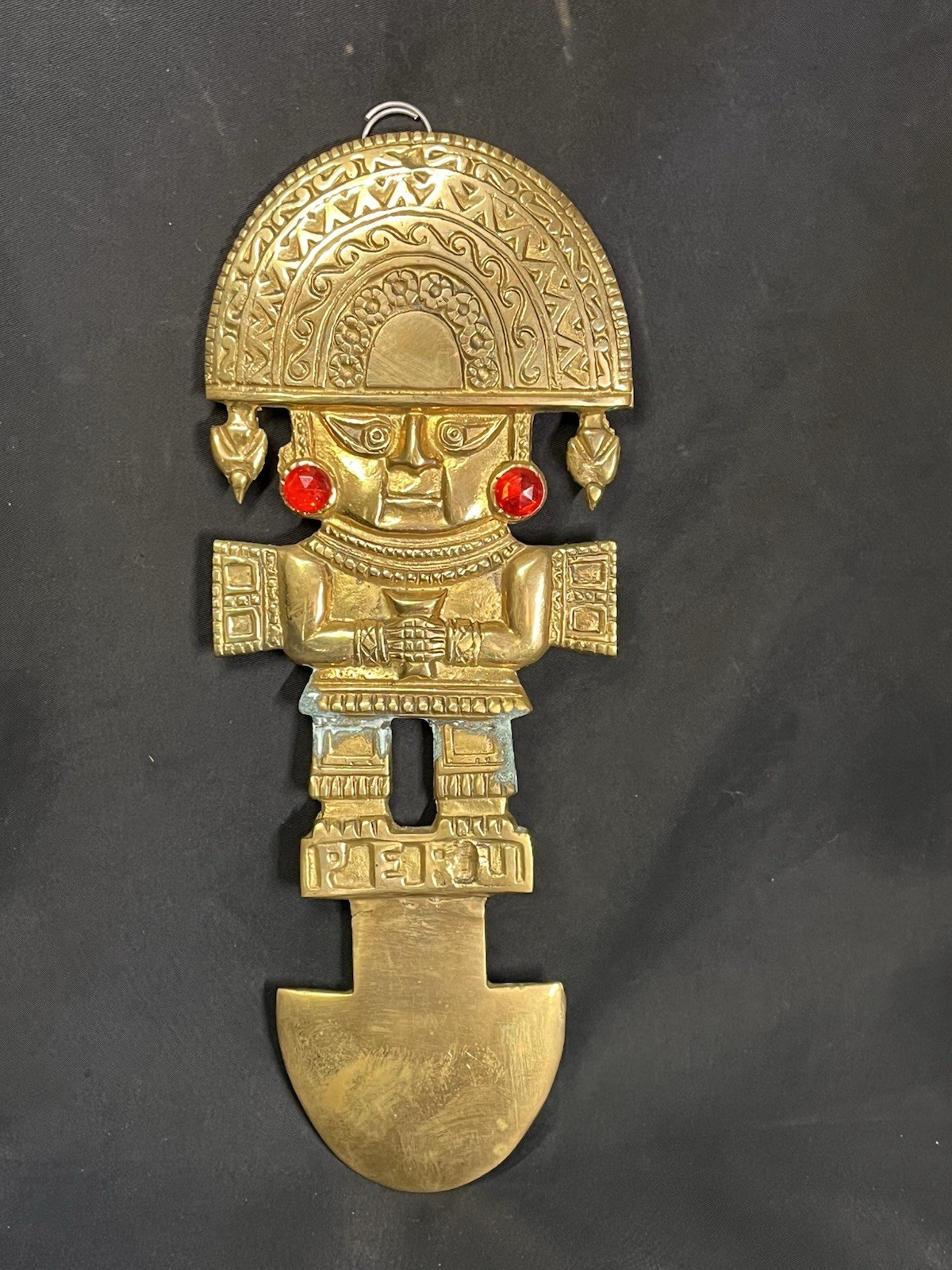 Brass Peruvian Wall Art Blade Knife with Ruby Gem Stone Earrings 10.5”Decor
