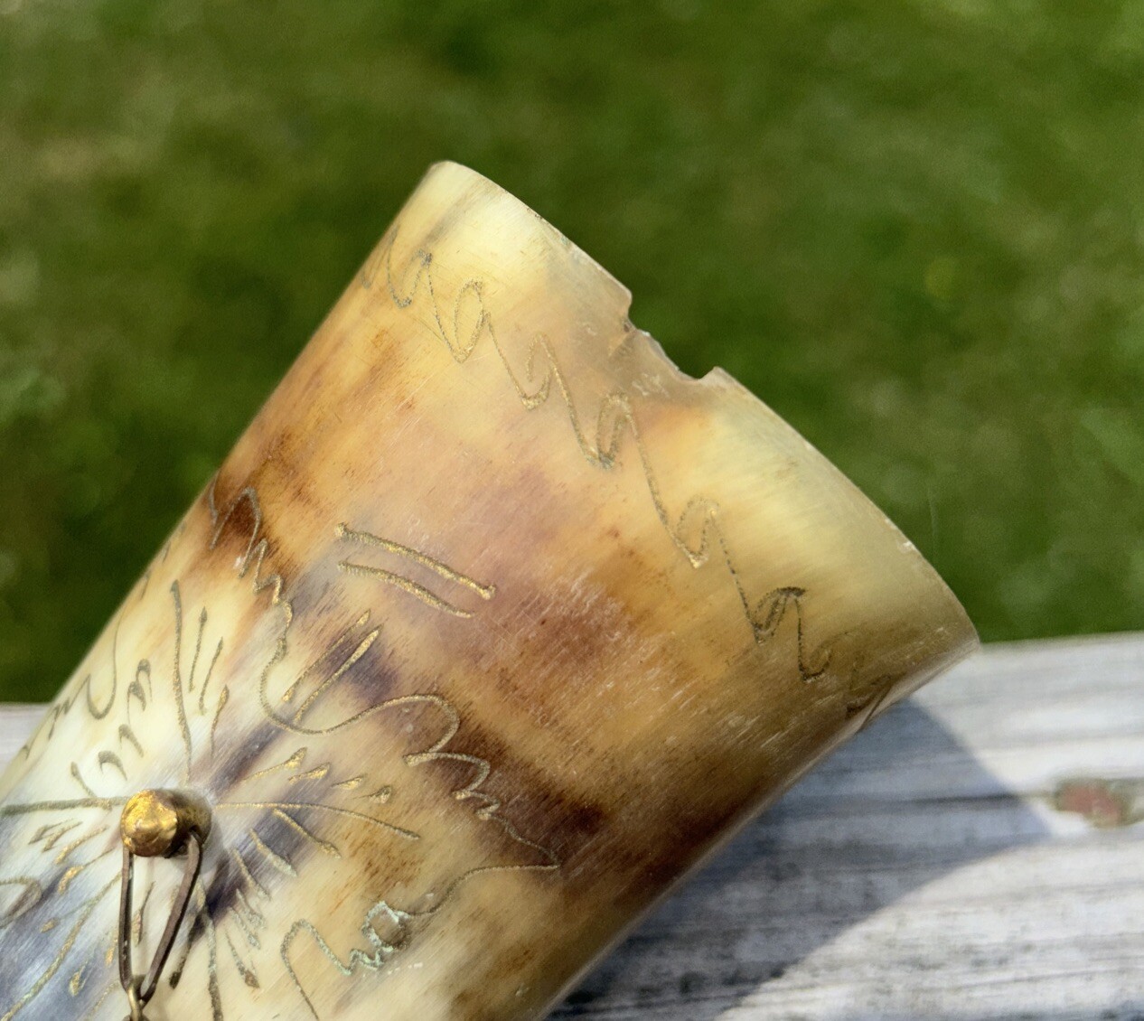Antique Powder Horn Genuine Horn Brass Fittings Chain Carved Designs Signed Date