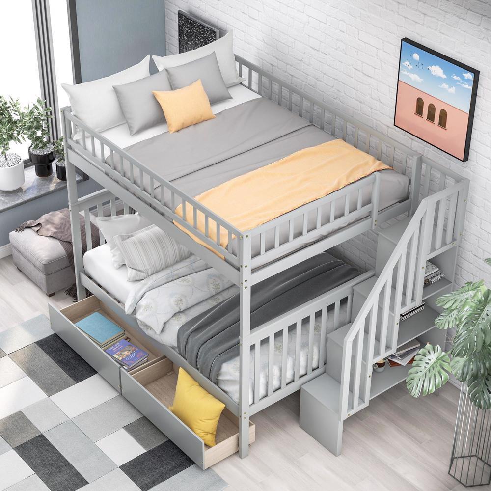 New Stability Full over Full Bunk Bed with Two Drawers and Storage, Gray