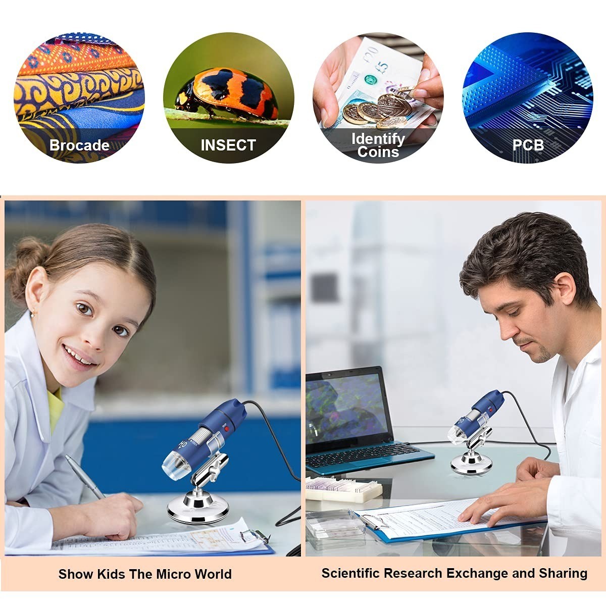 Jiusion 2K 2560x1440P USB Digital Microscope for Android, Windows & Mac | 40X-10