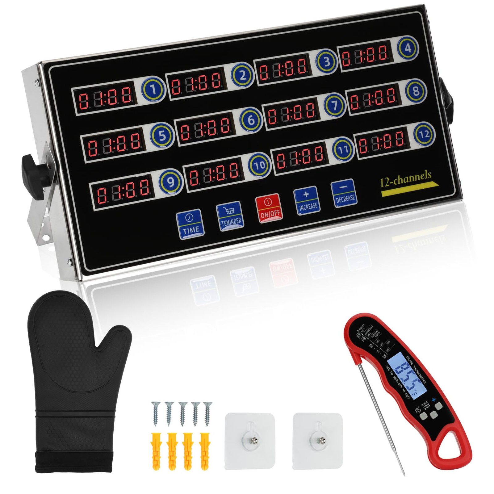 Kitchen Timer 12-Channel Heavy-Duty Loud Alarm Stainless Steel LED Technology