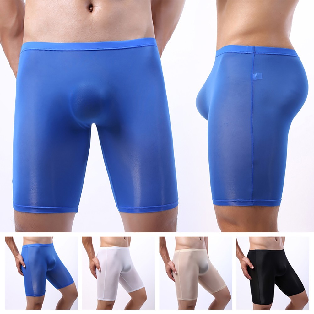 Mens Boxer Shorts Ice Silk Sissy Sheer Briefs Long Leg Trunks Soft Underpants