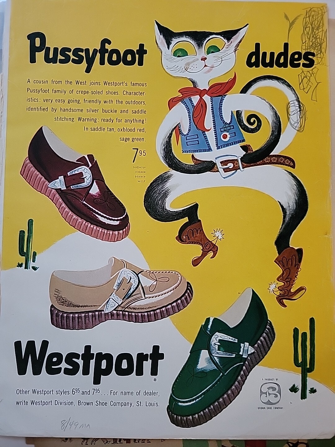 1949 Westport Childrens Shoe Pussyfoot Dudes Cowboy Cat Art Vintage ad
