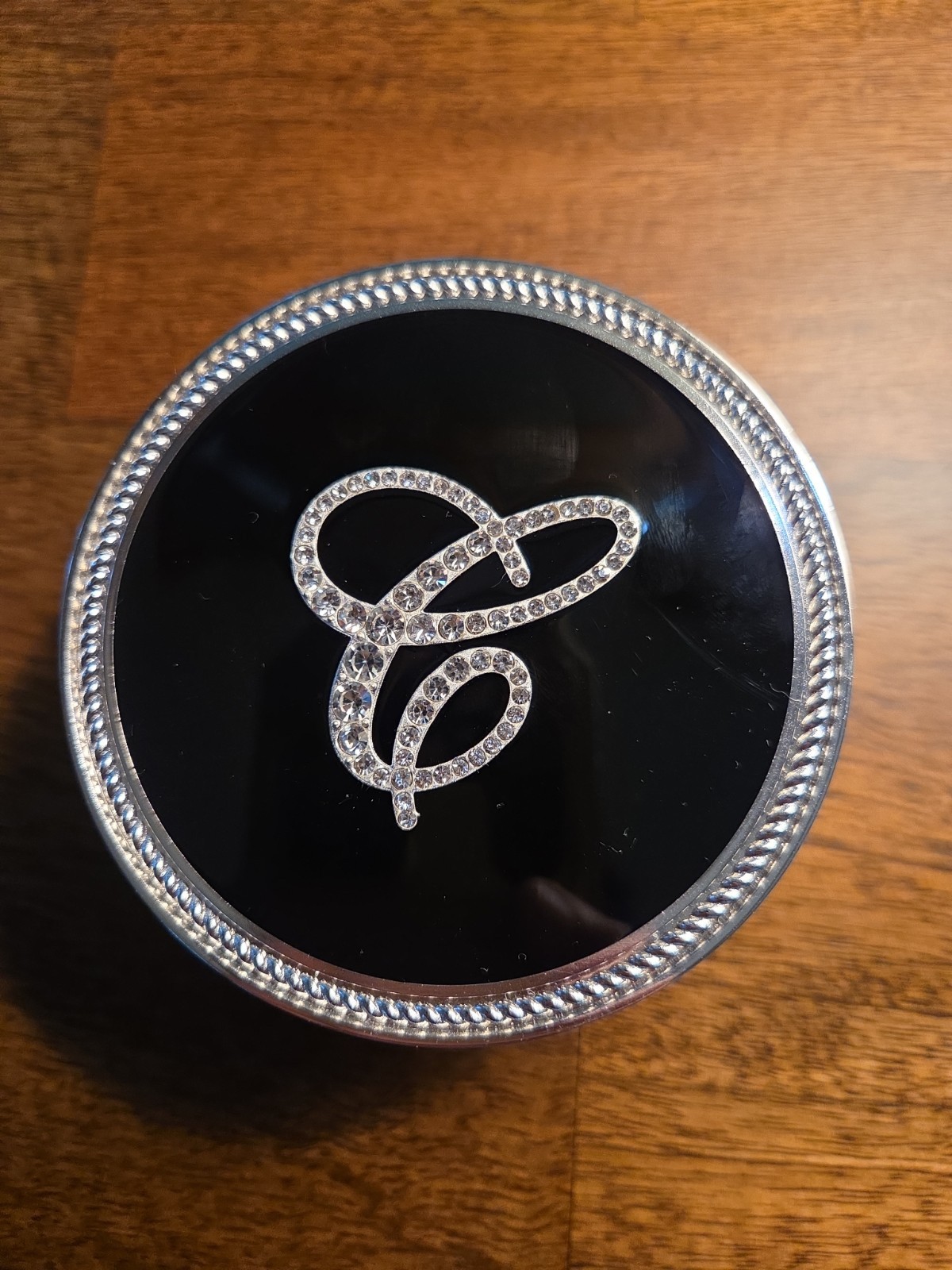 Initialed Rhinestone "E" Trinket Box Silver & Black Felt Interior New In Box