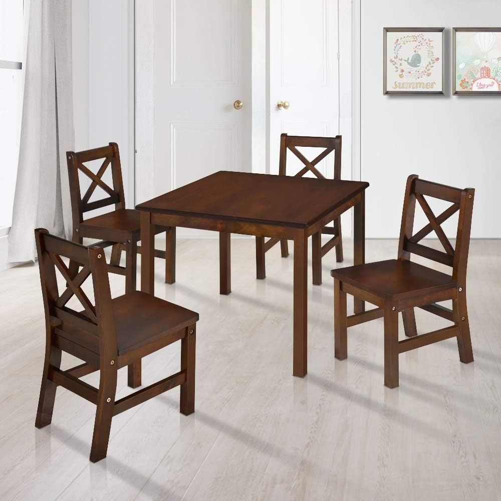 Solid Hard Wood Kids Table & Chair Set Coffee 5 Piece 4 Chairs Rubberwood
