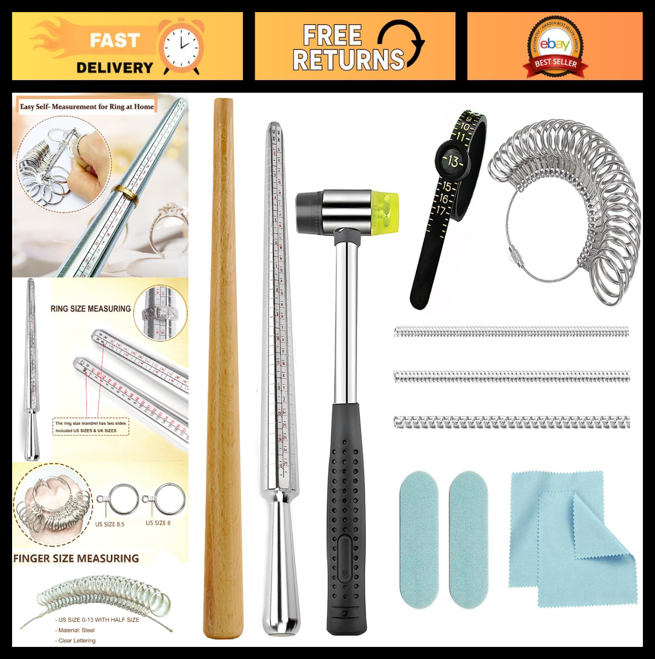Metal Ring Sizer Tool Kit with Mandrel & Mallet - Jewelry Size Measurer & Repair