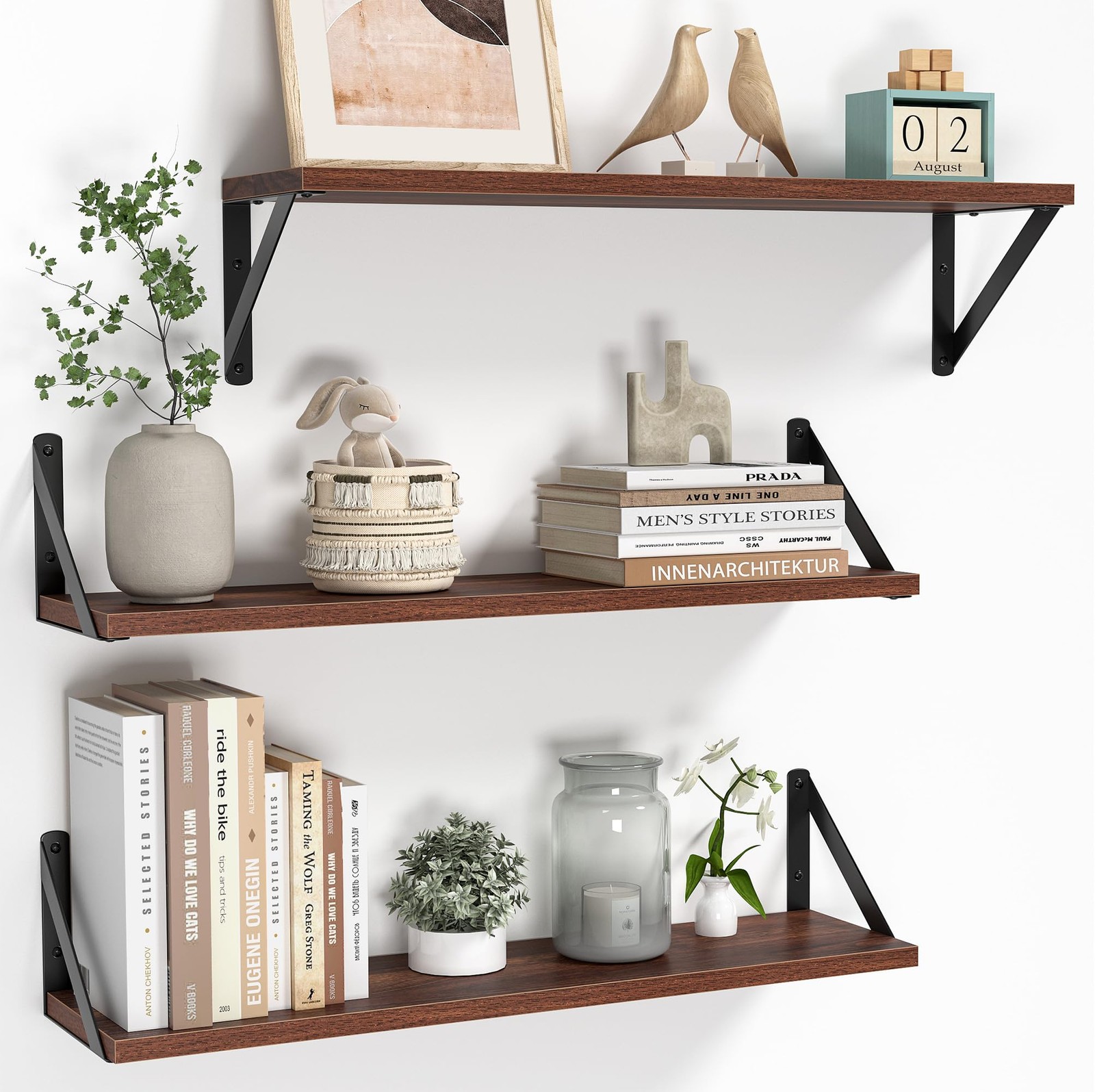 Heimlove Floating Shelves for Wall, 24 Inch Long Wood Floating Shelves Set of 3,