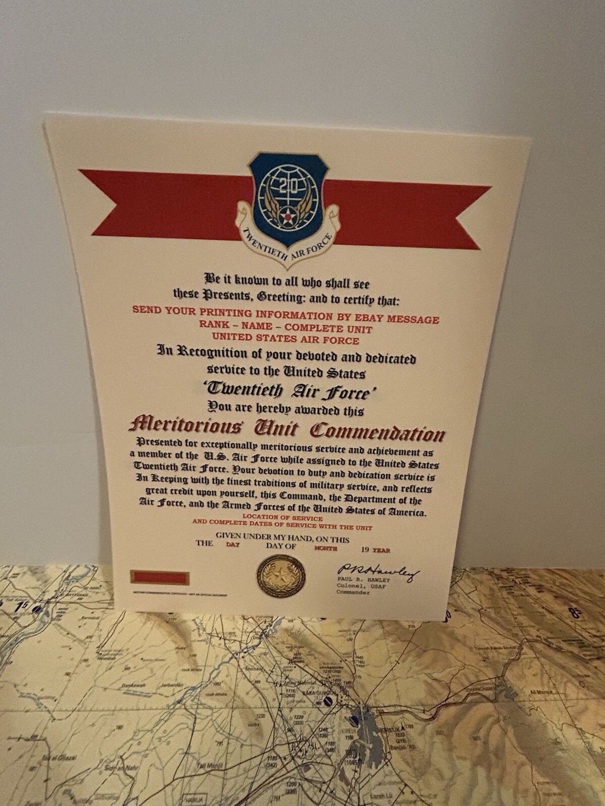 U.S. AIR FORCE / 20TH AIR FORCE - MERITORIOUS UNIT COMMENDATION CERTIFICATE