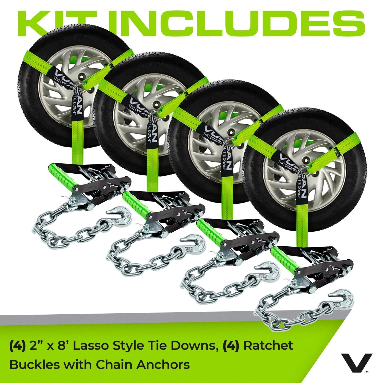 VULCAN Car Tie Down with Chain Anchors - Lasso Style - 2 Inch x 96 Inch - 4 P...