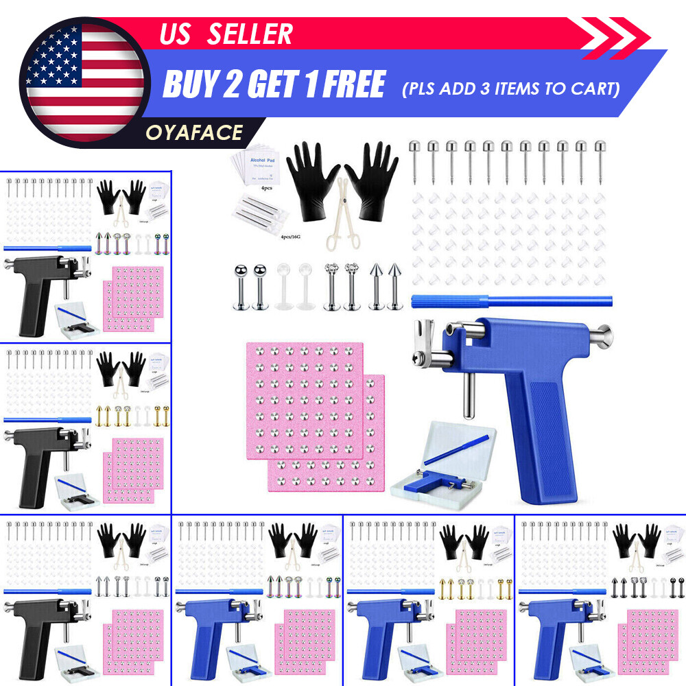 19-120pcs Body Piercing Gun Tool Kit Labret Monroe Rings Ear Lip Stud Needle Set