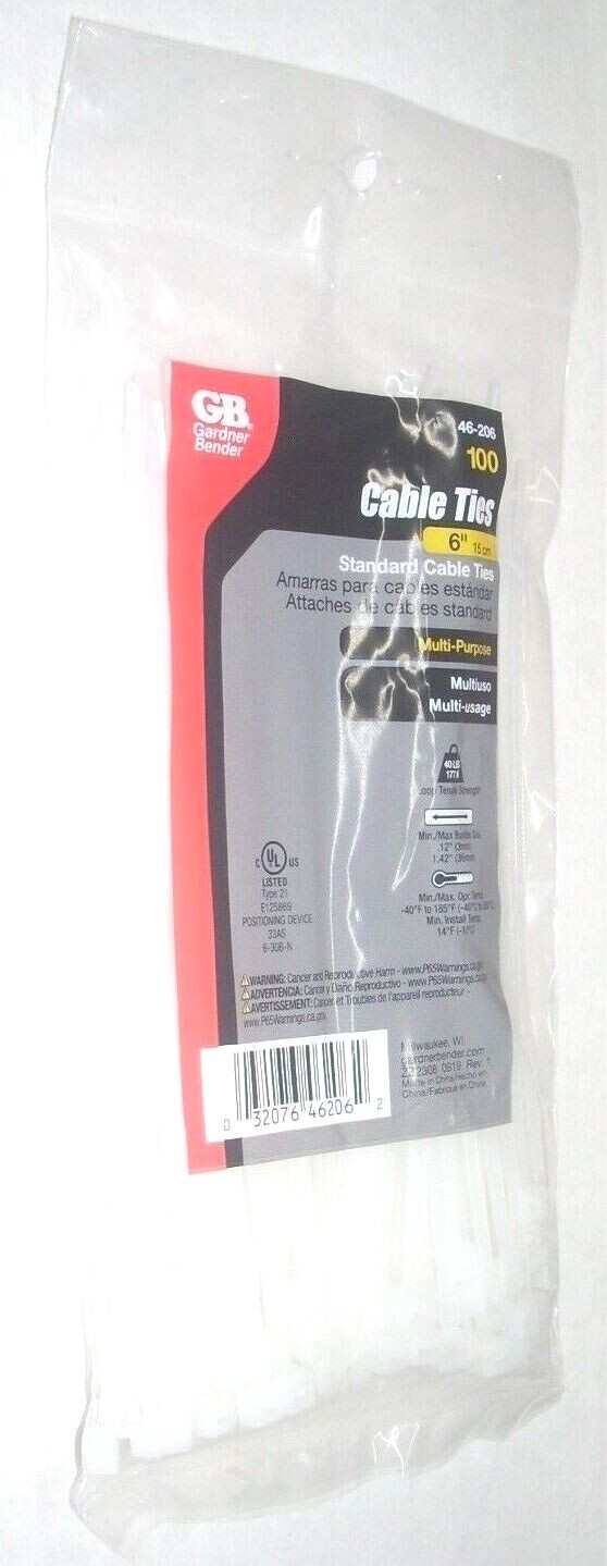 Gardner Bender 46-206 White Zip Tie Cable Ties 6" Long 40 lb 100 pk