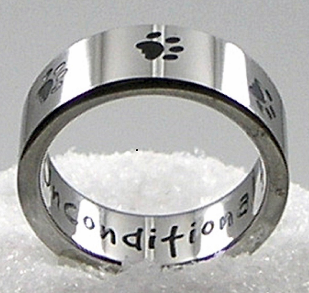 "Unconditional Love" Ring Stainless Steel Paw Print Black Dog Cat Men Size10-12