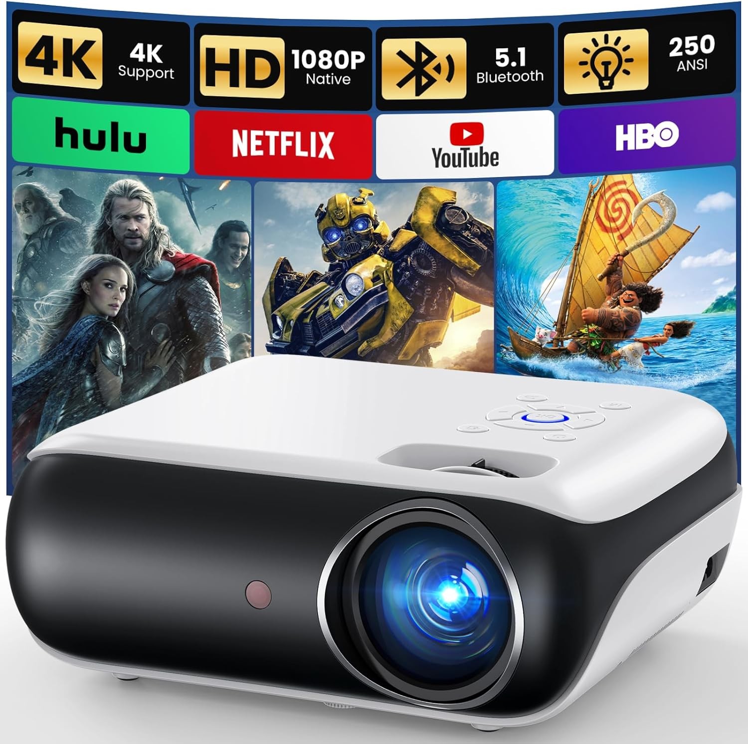 HAPPRUN Native1080P Bluetooth Projector,Full HD Portable OutdoorCinema Projector