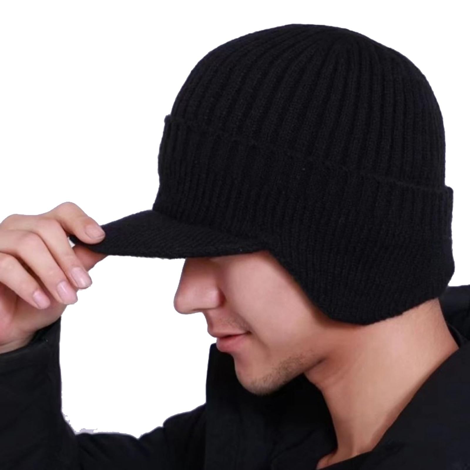 JHDESSLY Knit Beanies with Visor & Earflaps for Men and One Size, Black