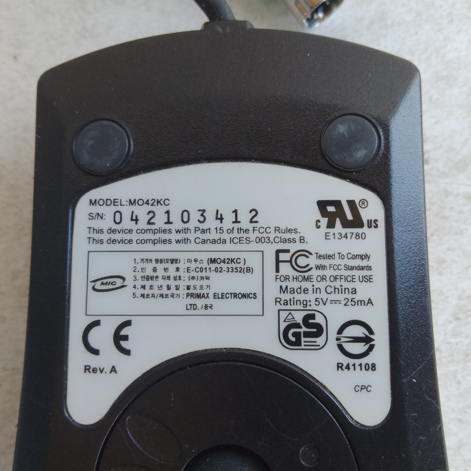 Mo42kc PS2 Wheel Mouse Mechanical Vintage Primax Electronics