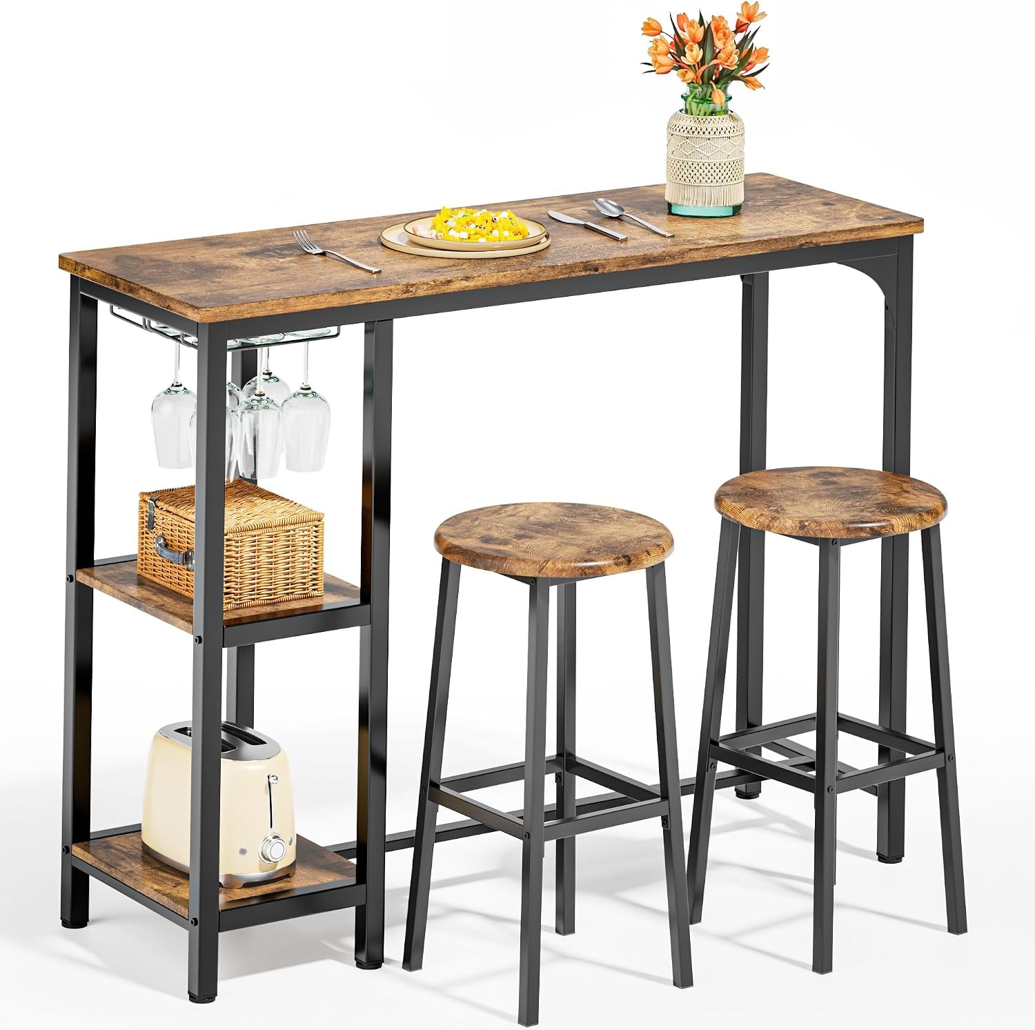 3-Piece Bar Table Set 2 Bar Height Table W/ Stools & 2 Storage Shelves Small Bar