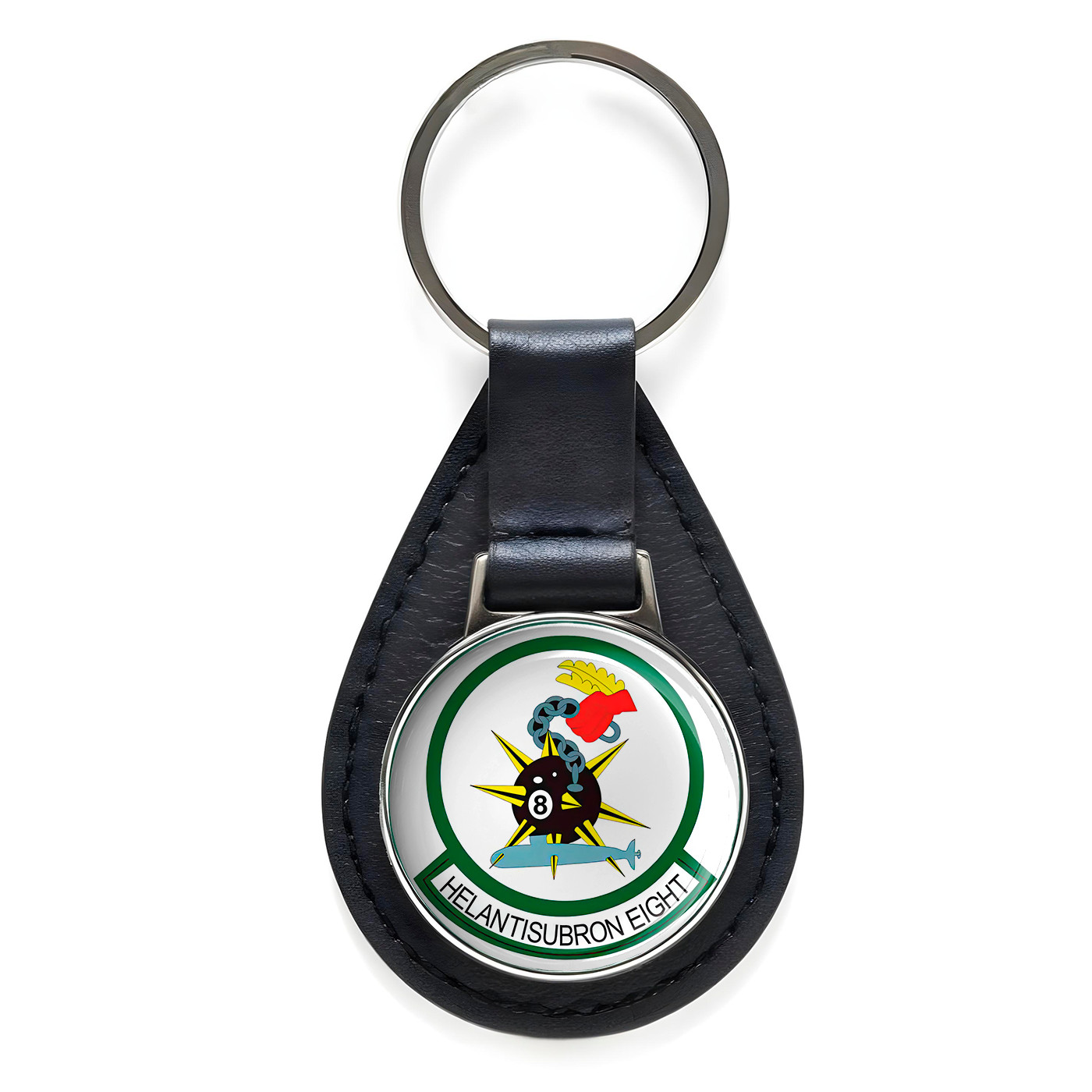 Helantisubron 8 Black Leather Keychain Silver Keyring Military Gift