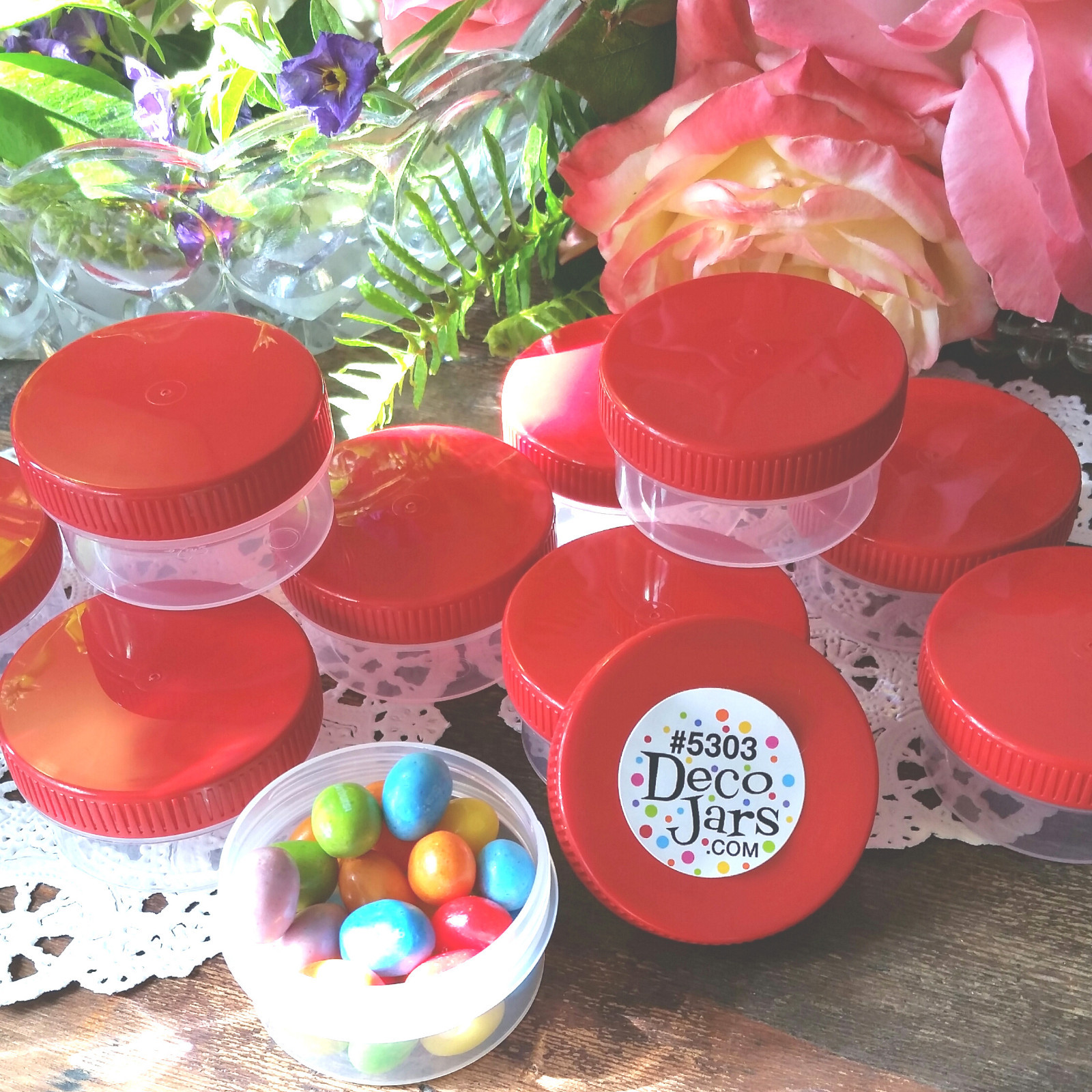 DecoJars 20 JARS Wide Mouth 1 oz Container Plastic Feeder Screw Red Cap 5303