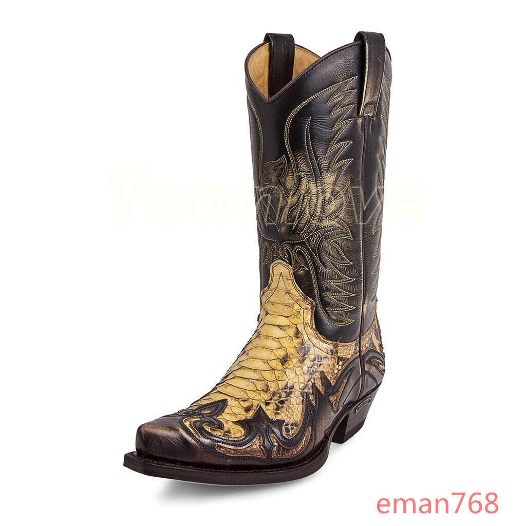 Fashion Mens Faux Leather Embroidered Mid Calf Western Cowboy Boots Shoes Size