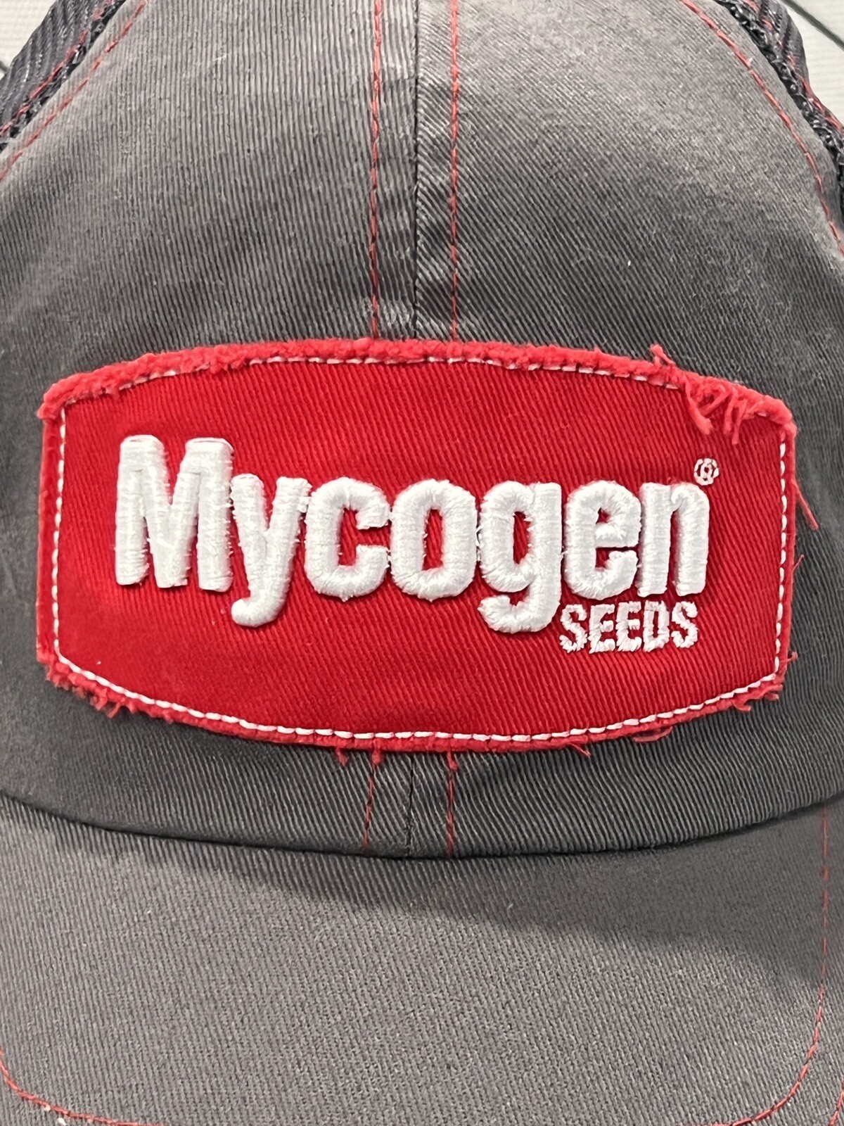 Mycogen Seeds White Red Patch Gray Fabric Mesh Hat Cap