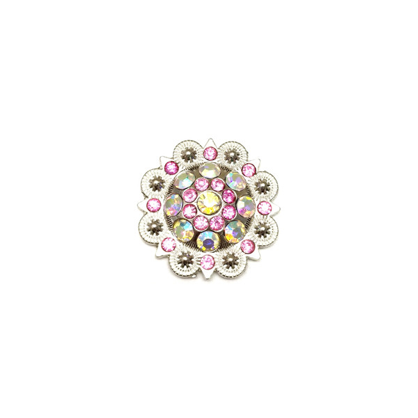 1 1/2" Flower Concho with Clear and Pink Rhinestones and screw back.